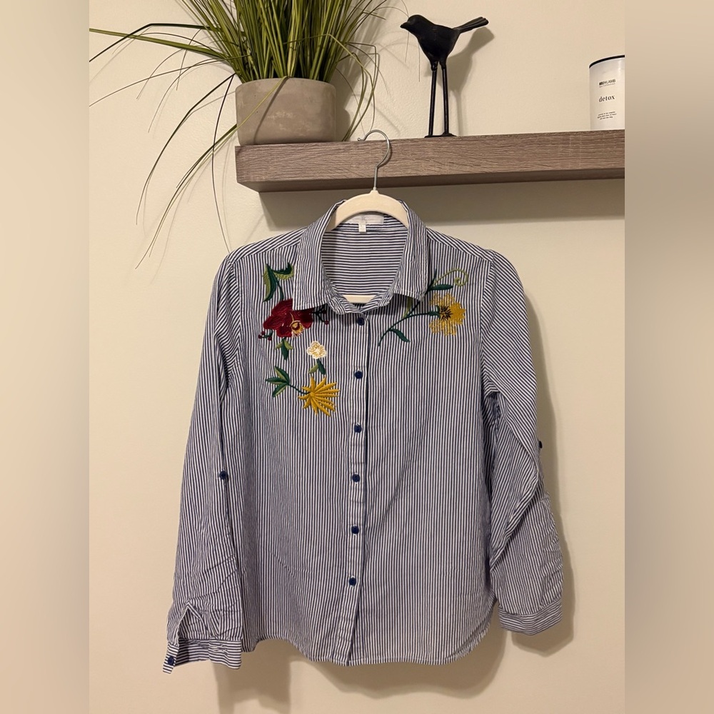 Vintage Embroidered Blue & White Striped Button-Down Shirt